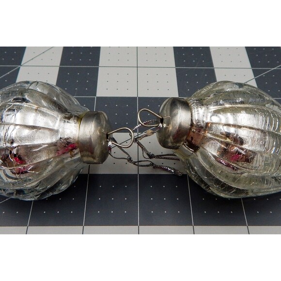Silver Teardrop Crackle Glass Ornament Ribbed Heavy Set of 2 - Picture 5 of 6